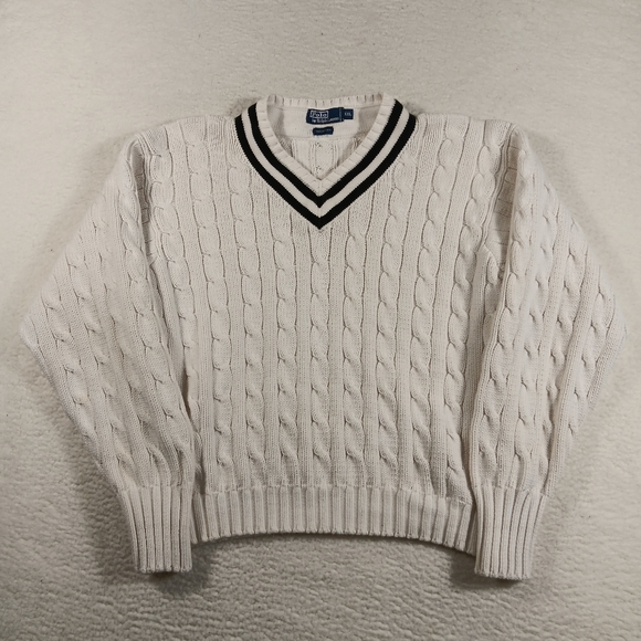 Vintage 90’s Polo Ralph Lauren Sweater Mens XXL White Cricket Cable Knit Chunky - Picture 1 of 9